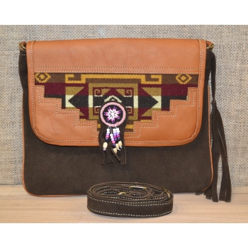 Torebka ze skóry etno w ciemnobrązowym kolorze  z koralikami mullo .